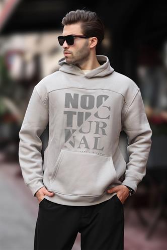 Boyalı Gri Baskılı Kapüşonlu Cep Detaylı Erkek Sweatshirt 7062