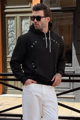 Siyah Kapüşonlu Cep Detaylı Nakışlı Erkek Sweatshirt 7054