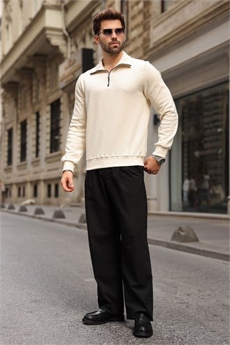 Bej Dik Yaka Yarım Fermuarlı Erkek Sweatshirt E7211