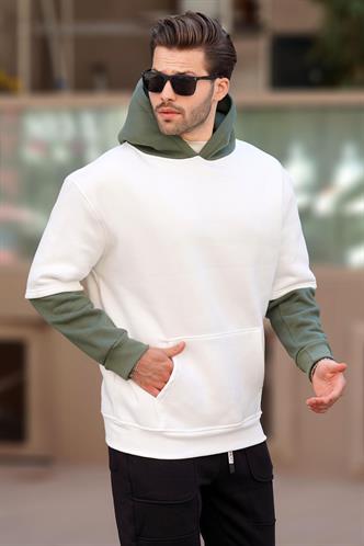 Ekru Kapüşonlu Cep Detaylı Erkek Sweatshirt 7071