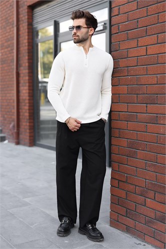 Ekru Bisiklet Yaka Fermuar Detaylı Erkek Triko Sweatshirt E7209