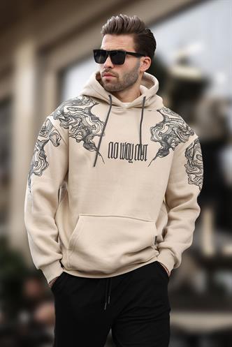 Bej Kapüşonlu Cep Detaylı Baskılı Erkek Sweatshirt 7052