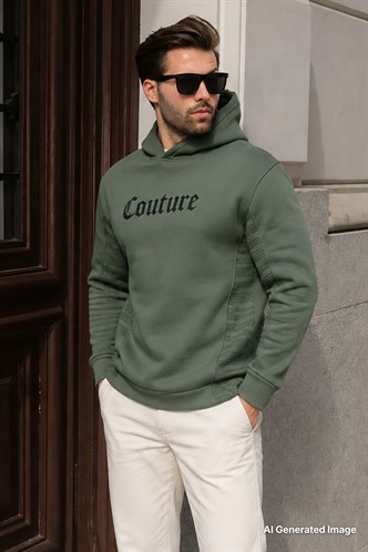 Haki Kapüşonlu Cep Detaylı Baskılı Erkek Sweatshirt 7090