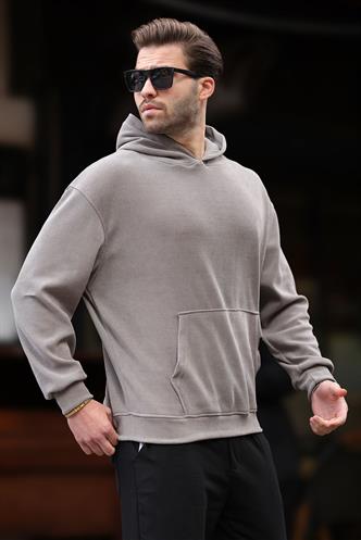 Gri Kapüşonlu Cep Detaylı Dokulu Sweatshirt E7101