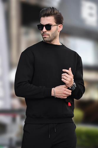 Siyah Bisiklet Yaka Şardonlu Cep Detaylı Baskılı Erkek Sweatshirt 7061