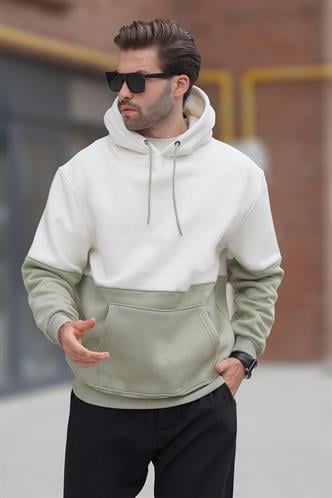Ekru Kapüşonlu Renk Bloklu Baskı Detaylı Erkek Sweatshirt 7046