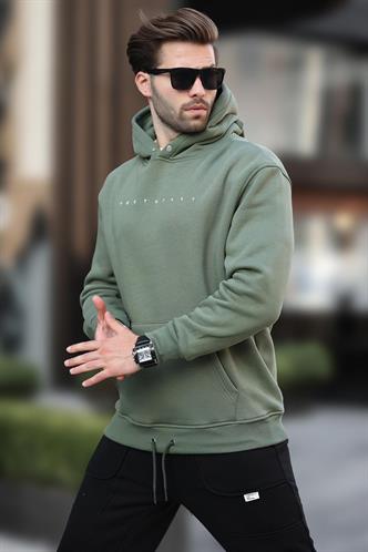 Haki Kapüşonlu Baskılı Erkek Sweatshirt 7077