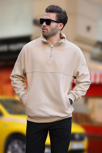 Bej Dik Yaka Yarım Fermuarlı Polar Sweatshirt 7096