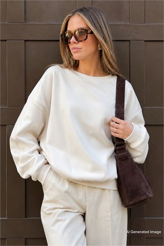 Ekru Bisiklet Yaka Basic Sweatshirt MG2185