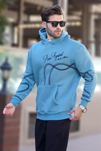 Mavi Baskılı Kapşonlu Cep Detaylı Erkek Sweatshirt 7067