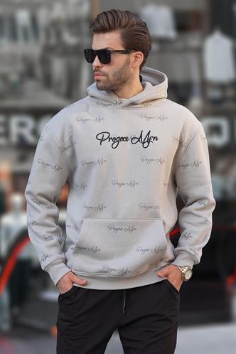 Boyalı Gri Baskılı Kapşonlu Cep Detaylı Erkek Sweatshirt 7075