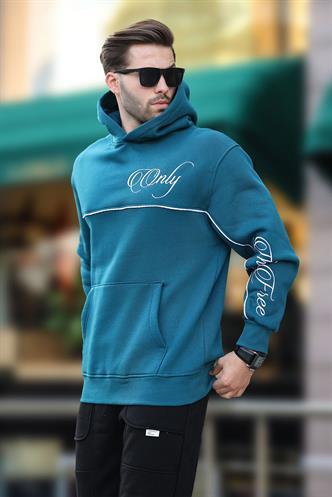 Petrol Mavisi Kapüşonlu Şerit Detaylı Baskılı Erkek Sweatshirt 7091