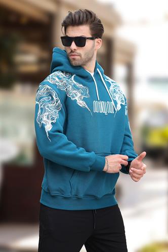 Petrol Mavisi Kapüşonlu Cep Detaylı Baskılı Erkek Sweatshirt 7052