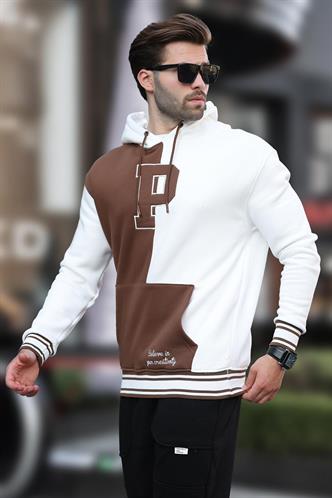 Ekru Renk Bloklu Kapüşonlu Baskılı Erkek Sweatshirt 7078
