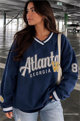 Navy Blue Printed V Neck Sweatshirt MG1576