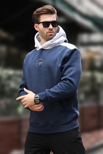Lacivert Kapüşonlu Renk Bloklu Nakış Detaylı Erkek Sweatshirt 7088