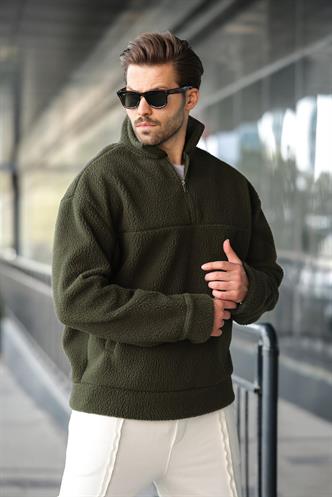 Haki Yarım Fermuarlı Dik Yaka Polar Sweatshirt E7165