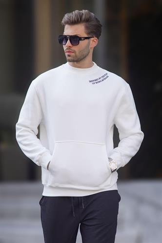 Ekru Bisiklet Yaka Nakış Detaylı Cepli Erkek Sweatshirt 7049