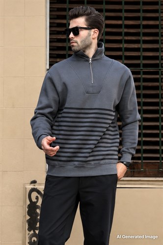 Füme Fermuar Yakalı Çizgili Sweatshirt 7056