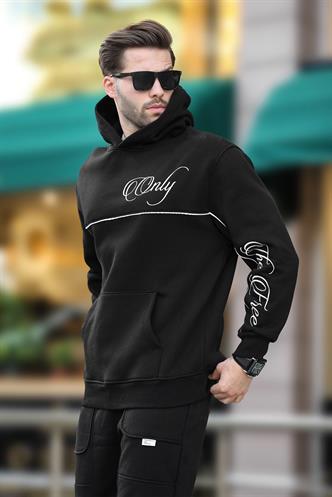 Siyah Kapüşonlu Şerit Detaylı Baskılı Erkek Sweatshirt 7091