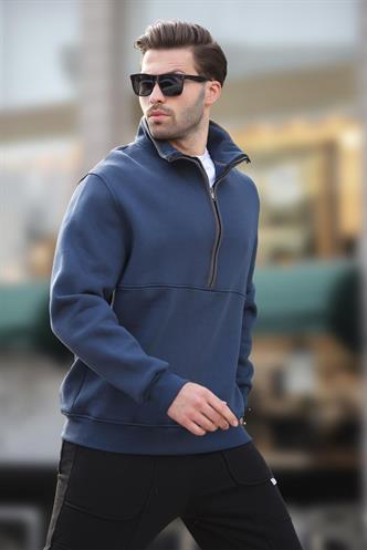 Lacivert Dik Yaka Yarım Fermuarlı Sweatshirt 7079