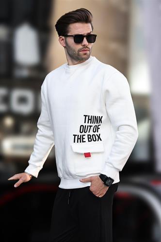 Ekru Bisiklet Yaka Şardonlu Cep Detaylı Baskılı Erkek Sweatshirt 7061