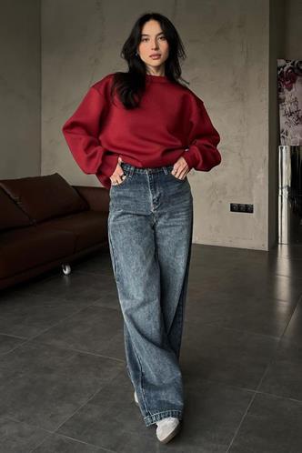 Bordo Bisiklet Yaka Basic Sweatshirt MG1559