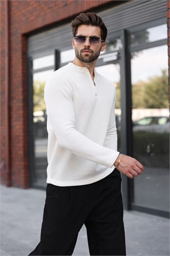 Ekru Bisiklet Yaka Fermuar Detaylı Erkek Triko Sweatshirt E7209