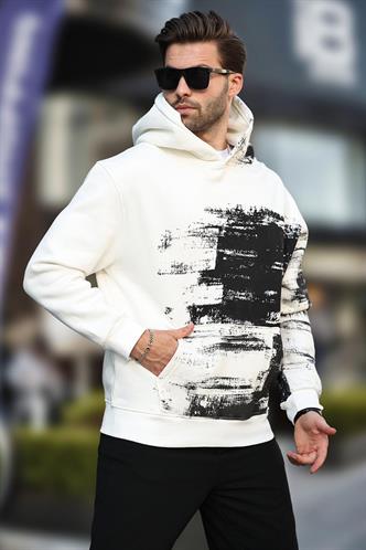 Ekru Kapüşonlu Desenli Cep Detaylı Erkek Sweatshirt 7059