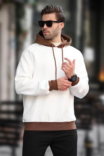 Ekru Renk Bloklu Kapüşonlu Sweatshirt 7073