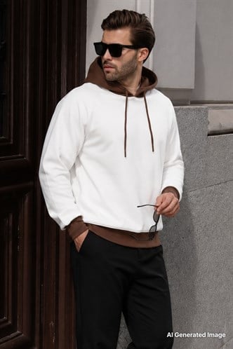 Ekru Renk Bloklu Kapüşonlu Sweatshirt 7073