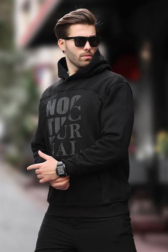 Siyah Baskılı Kapüşonlu Cep Detaylı Erkek Sweatshirt 7062