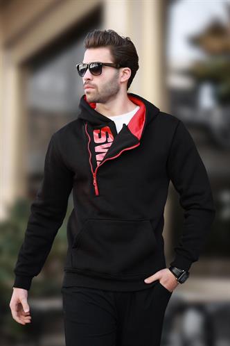Madmext Siyah Fermuar Detaylı Kapüşonlu Sweatshirt 1767