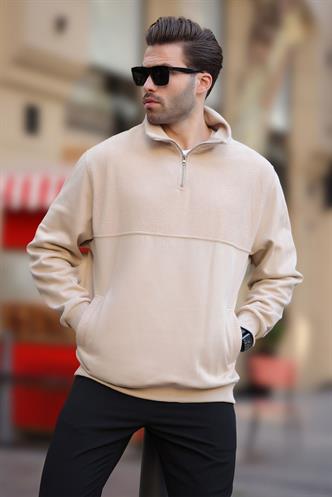 Bej Dik Yaka Yarım Fermuarlı Polar Sweatshirt 7096