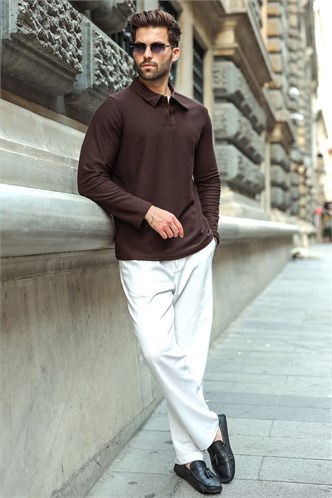 Acı Kahve Gömlek Yaka Dokulu Regular Fit Erkek Sweatshirt E7203