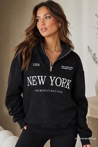 Siyah Yarım Fermuarlı Baskılı Sweatshirt MG2240