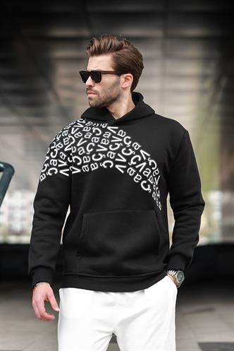 Siyah Baskılı Kapüşonlu Erkek Sweatshirt E7160