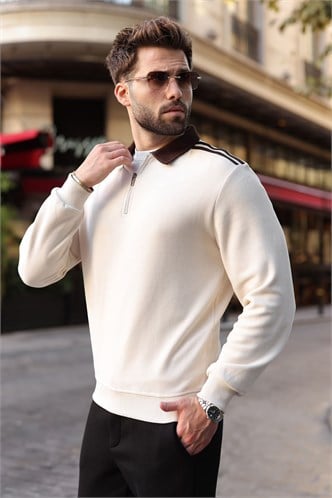 Bej Şerit Detaylı Polo Yaka Erkek Sweatshirt E7212  