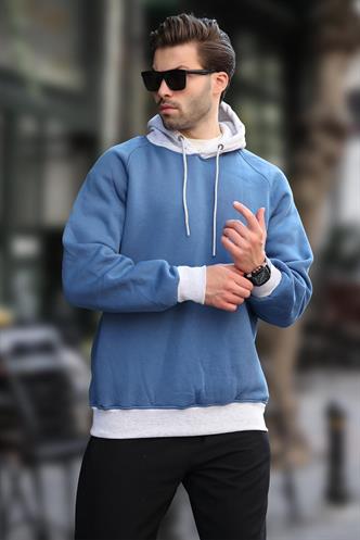 İndigo Renk Bloklu Kapüşonlu Sweatshirt 7073