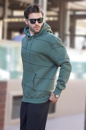 Haki Kapüşonlu Cep Detaylı Çizgili Erkek Sweatshirt 7063