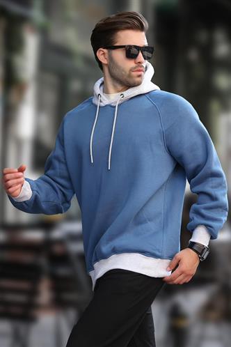 İndigo Renk Bloklu Kapüşonlu Sweatshirt 7073