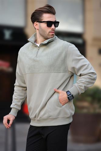 Çağla Yeşili Dik Yaka Yarım Fermuarlı Polar Sweatshirt 7096
