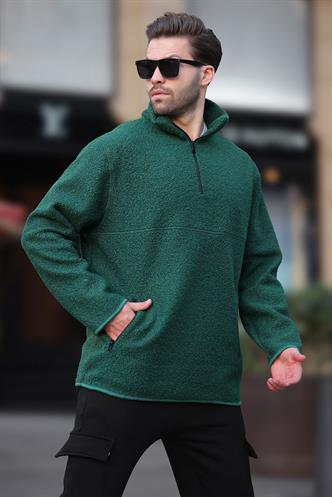 Yeşil Dik Yaka Yarım Fermuarlı Buklet Sweatshirt 7084