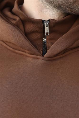 Kahverengi Kapüşonlu Fermuar Yaka Desenli Erkek Sweatshirt E7162