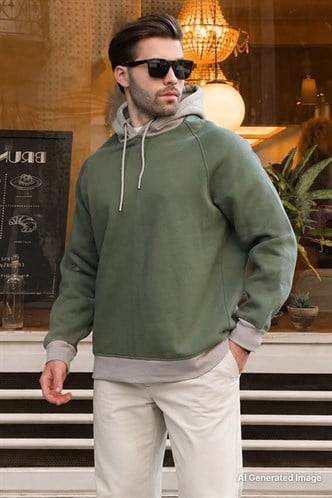 Haki Renk Bloklu Kapüşonlu Sweatshirt 7073