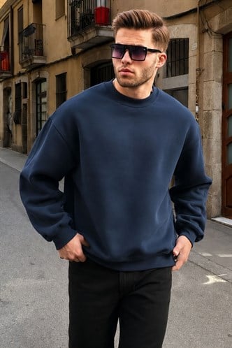 Lacivert Bisiklet Yaka Oversize Şardonlu Basic Erkek Sweatshirt 6048