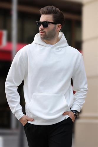 Beyaz Kapüşonlu Cep Detaylı Sweatshirt 7095