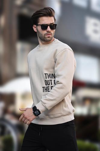 Bej Bisiklet Yaka Şardonlu Cep Detaylı Baskılı Erkek Sweatshirt 7061