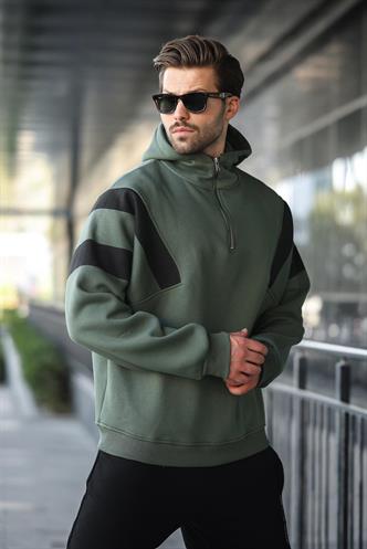 Haki Fermuarlı Yaka Kapüşonlu Erkek Sweatshirt E7161
