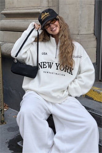 Ekru Yarım Fermuarlı Baskılı Sweatshirt MG2240